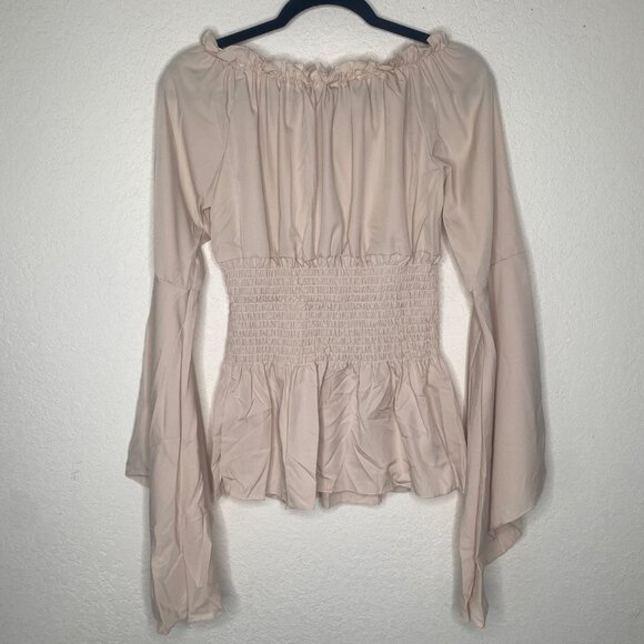 NWT Boosom Off-Shoulder Smocked Peplum Top Womens Size S Tan Flared Sleeves Boho - Picture 3 of 12